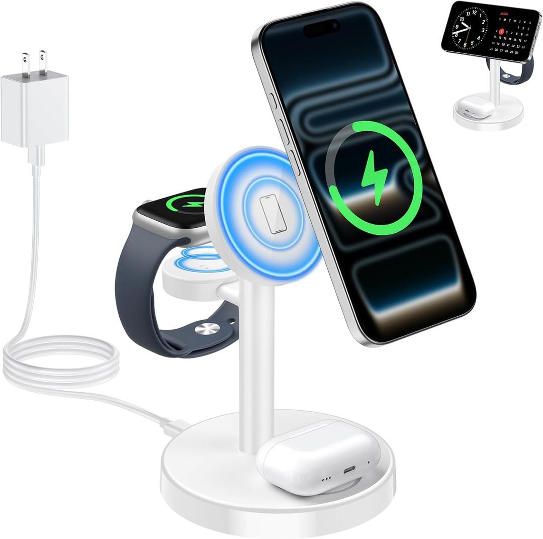 Aeinidi 2026 3 in 1 Wireless Charging Station Compatible with MagSafe, 15W Fast Magnetic Mag-Safe Charger Stand for Apple iPhone 17 16 15 14 13 12 Series iWatch AirPods Pro 4 3 2, White
