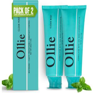 Ollie Clean Mint Nano Hydroxyapatite Toothpaste for Teeth Whitening, 10% Hydroxyapatite Formula, (Pack of 2, 4oz)