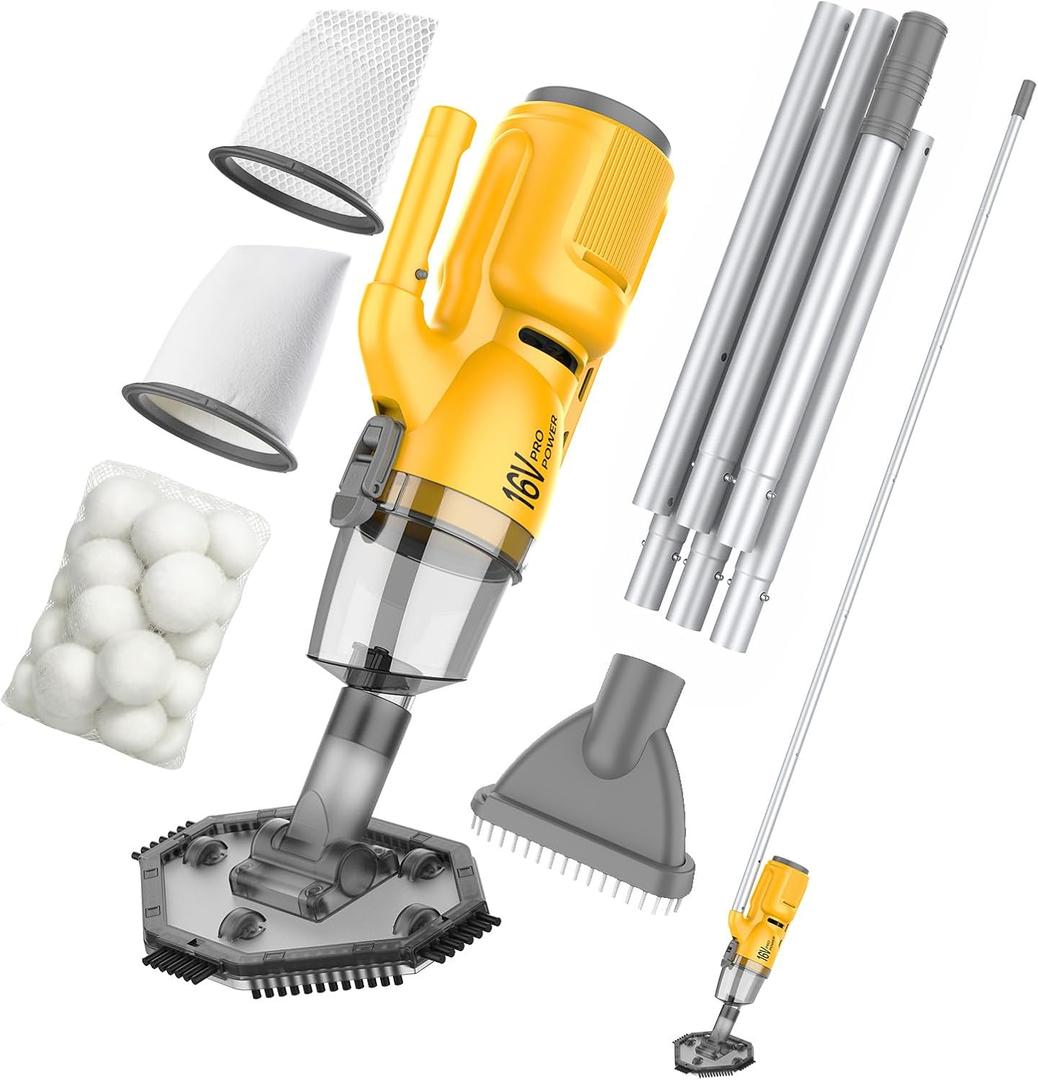 16V Cordless Handheld Pool Vacuum with 3-Stage 3D Micro-Filtration | 45W 26kPa Hyper Suction, 2 Filters, 3D Fiber Balls, XL Canister, 7ft Pole & 2 Heads, for Inground & Above Ground Pools, Spas