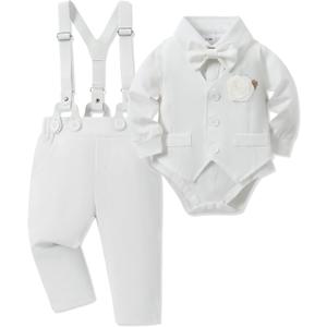Baby Boy Clothes Suit Infant Gentleman Wedding Outfit Dress Shirt+Bowtie+Vest+Corsage+Suspender+Pants 6Pcs (18-24 Months, White)
