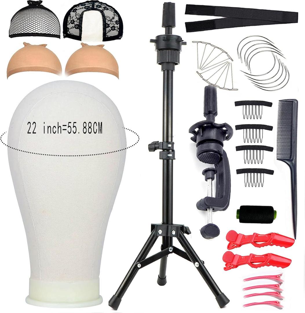 Wig Stand With Head,Adjustable Metal Wig Stand Tripod, 22 inch Manikin Canvas Block Head for Wigs Making Display Cosmetology Hairdressing Training With Set ,Wig Cap & T Pins C Pins Set Bristle Brush