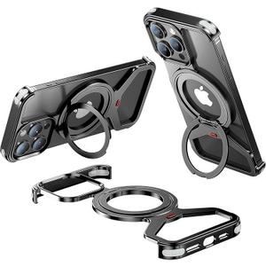 Fit for MagSafe iPhone 15 Pro Metal Frame Case, Military-Grade Shockproof Adjustable Metal Body. 360 Adjustable Ring Kickstand. Drop-Proof airbags. Metal Button. Black.