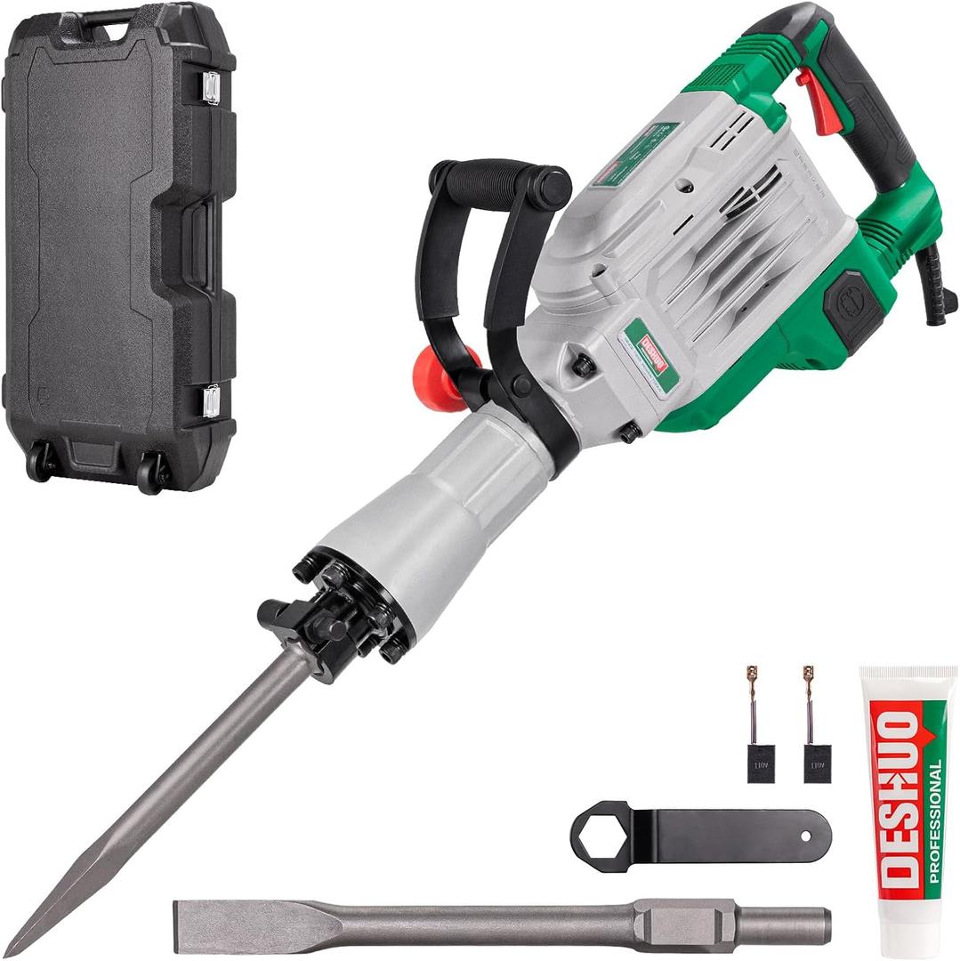 30 lb. Demolition Jack Hammer with 1-3/16" Hex Shank, 1700W 14-Amp Heavy Duty Corded Electric Concrete Demo Chipping Breaker with Carrying Case, Flat & Bull Point Chisel