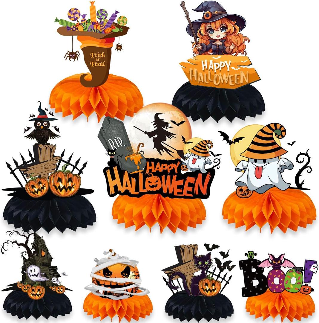 2 x 9pcs Spooky Halloween Honeycomb Centerpiece - Ghost & Witch Table Decor for Parties, Home, Dining | Instant Festive Decorations