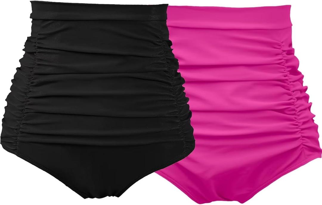COCOPEAR Women's Ruched High Waisted Bikini Bottom Retro Vintage Swim Short Tankinis Floral 55 S (3X-Large, Black+deep Pink)