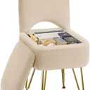 GREENSTELL Small Vanity Stool Chair with Storage and Folding Back, 13.4" x 15" x 30" Square Faux Fur Soft Ottoman, 4 Metal Legs with Anti-Slip Feet, Furry Padded Seat for Makeup, Bedroom, Camel