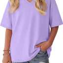Oakgarden Girls' Shirts 5-14 Years Oversized Short Sleeve Summer T-Shirts V Neck Drop Shoulder Top Kids Casual Basic Cute Tee (Purple)