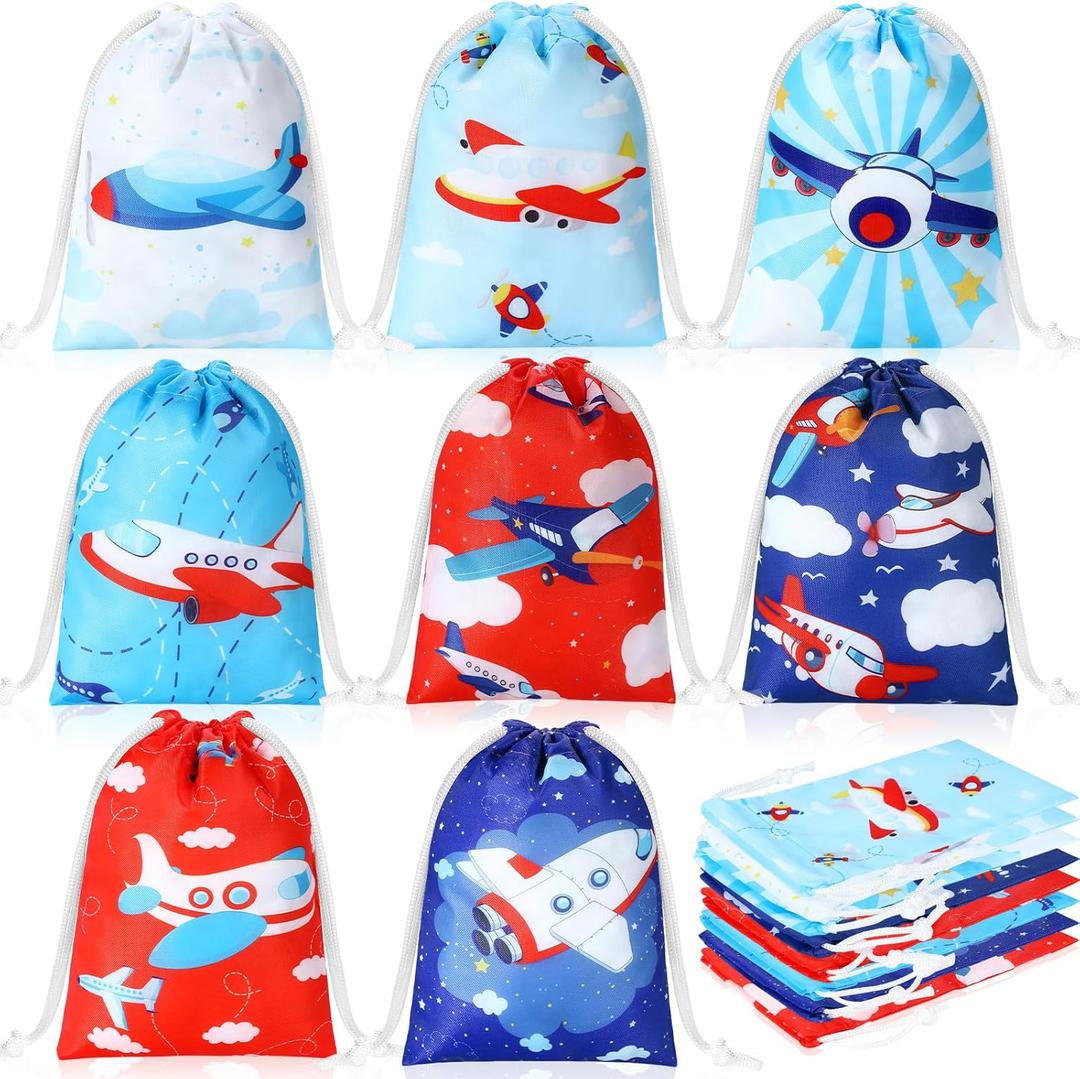 Kajaia 24 Pieces Airplane Party Favor Airplane Goodie Bags Cloud Sky Birthday Party Supplies Candy Treat Bags Reusable Drawstring Gift for Kids Travel Baby Shower Decor Supplies