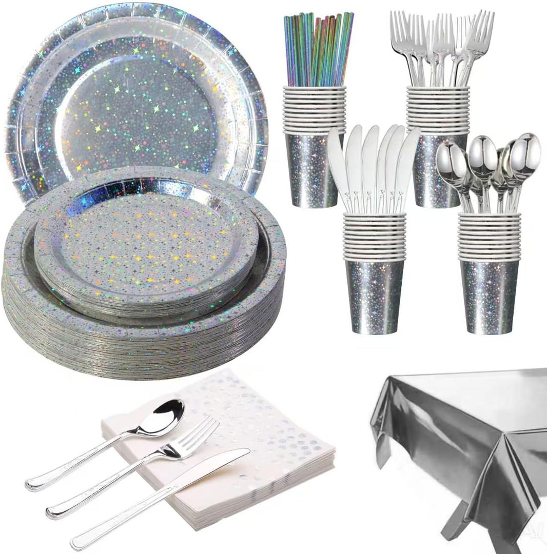 201-piece disposable party tableware set with paper plates, cups, napkins, straws, tablecloths, plastic knives, forks and spoons for a variety of party occasions for up to 25 people (Silver Star)