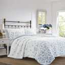 Laura Ashley Home - Queen Quilt Set, Reversible Cotton Bedding with Matching Shams, Pre-Washed Home Decor for Added Softness (Flora Blue, Queen)
