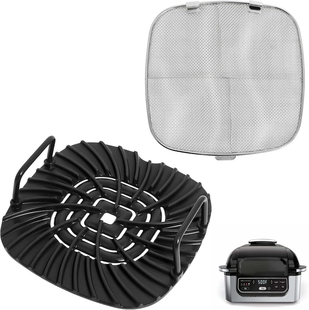 Grill Grate and Replacement Splatter Shield for Ninja AG301 Foodi 5-in-1 Indoor Grill, Non-stick Grill Griddle and Stainless Steel Fine Mesh Splatter Screen for Ninja Foodi AG300, AG301C, AG302, AG400