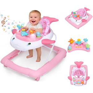 Baby Walker with Wheels, Music and Lights Foldable Baby Walker, 3 Adjustable Heights, Activity Walker for Baby Boy and Girl 6-18 Months, Pink Print