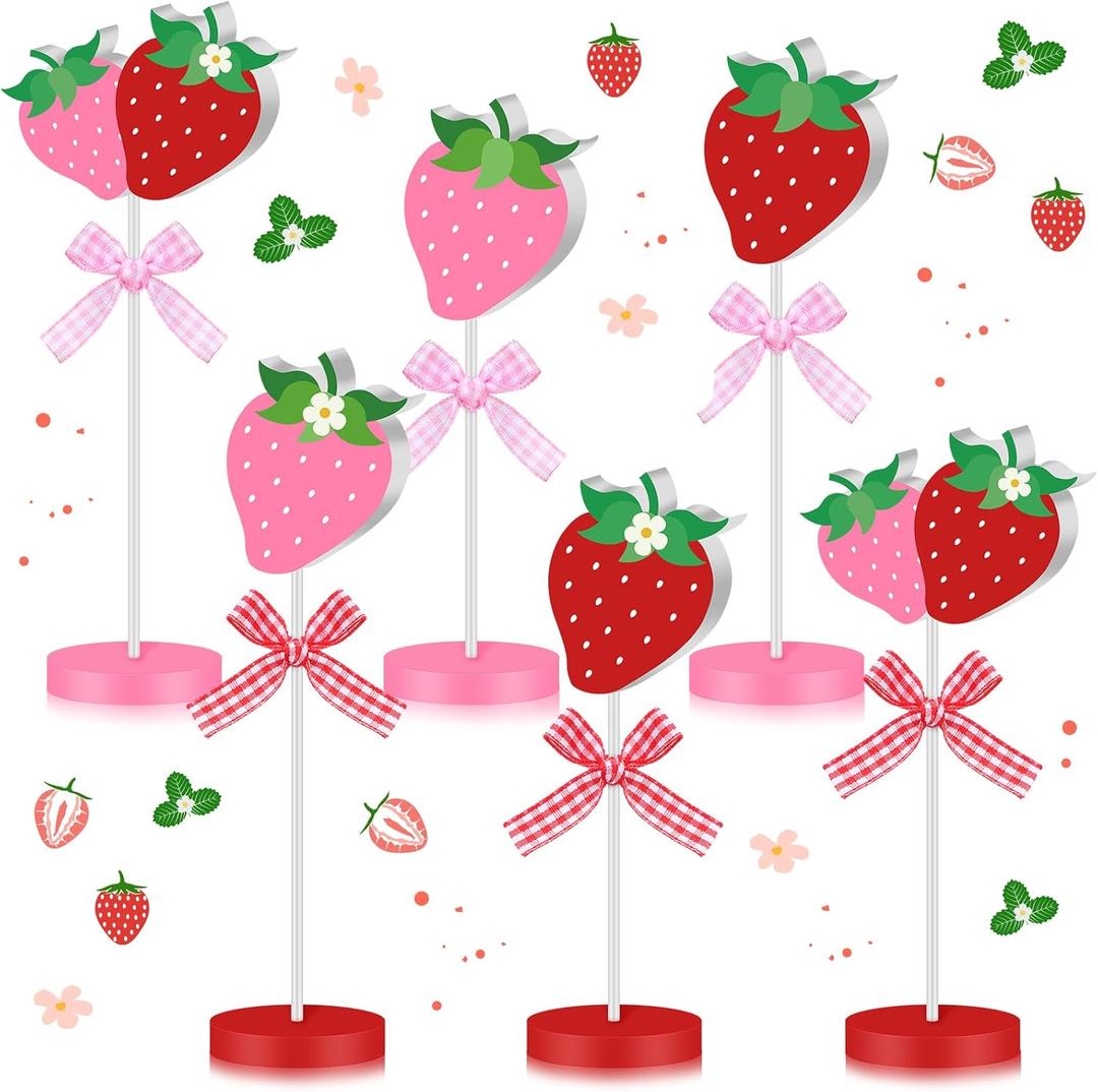 Briwooody 6 Pcs Strawberry Table Decorations Red Pink Strawberry Tiered Tray Decor Summer Wooden Sign Rustic Tabletop Centerpiece Farmhouse Tall Standing for Birthday Baby Shower Party Home Decor