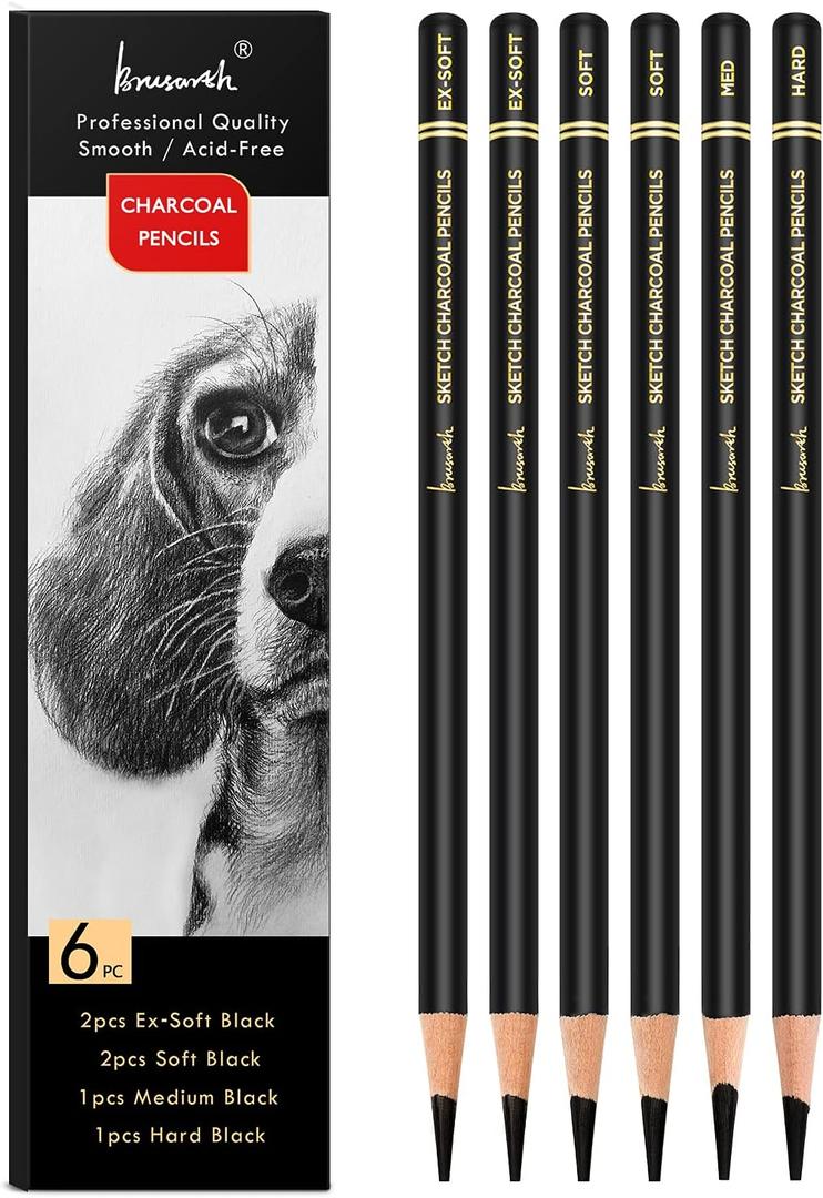 Professional Charcoal Pencils Drawing Set - 6 Pieces Soft Medium and Hard Charcoal Pencils for Drawing, Sketching, Shading (Black)