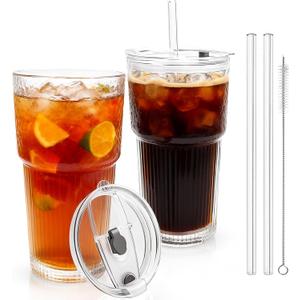 2 Pack Glass Tumblers with Lids and Straws, 20oz Iced Coffee Cups with Lids Reusable for Juices, Smoothies, Cocktail, Beer, Tea and Latte - Ribbed Design & Thick Glass