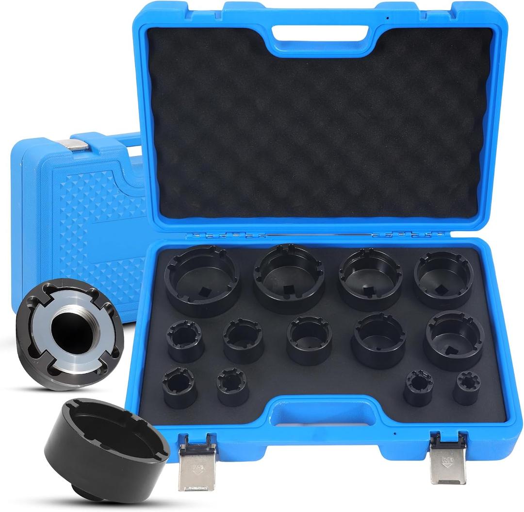13PCS Heavy Duty Grooved Lock Nut Sockets with 1/2'' KM0-KM12 Spindle Nut Socket Kit with Internal Teeth for Removing & Installing Automotive Axle Lock Nuts Compatible with KM KML HM HML HMLL