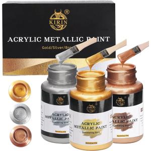 KIRIN Acrylic Paint Set, Metallic Gold & Silver & Bronze, Gold Leaf Paint for Art Painting Handcrafts, Idea Paints for Fabric Furniture Wood Clay Canvas Craft Supplies (3Pcs, 125g/Bottle)