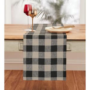 Solino Home Linen Plaid Table Runner 60 Inches - 100% Pure Linen Natural and Black Buffalo Check Short Table Runner 14 x 60 Inch Ideal for Dresser and Coffee Tables - Summer, Father's Day