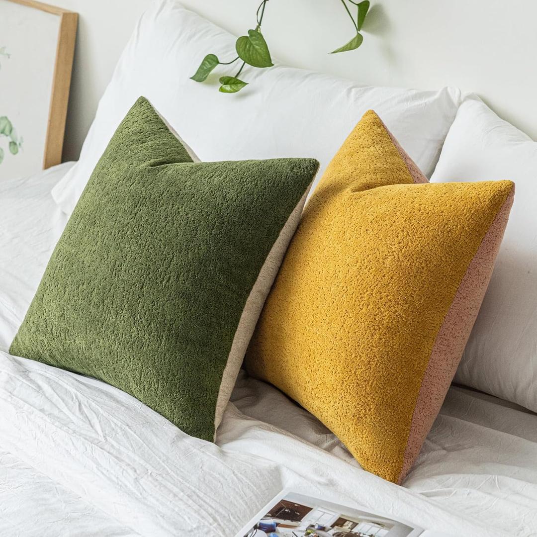 2 x SINYASAN Mustard Fall Chenille Throw Pillow Covers 18x18 Inch Set of 2, Green Soft Velvety Pillow Covers Colorful Square Fuzzy Cushion Covers for Boho Farmhouse Living Room Bed Neutral Decor