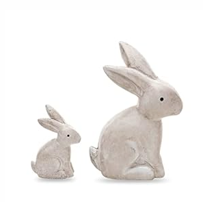 DN DECONATION Wooden Antique White 3D Bunny Rabbit Figurines for Spring Easter Decor Gift Set of 2