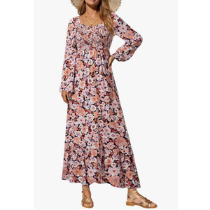 Dokotoo Womens Dresses Spring Summer 2026 Boho Floral Smocked Empire Waist Square Neck Long Sleeve Button Beach Maxi Dress, Large