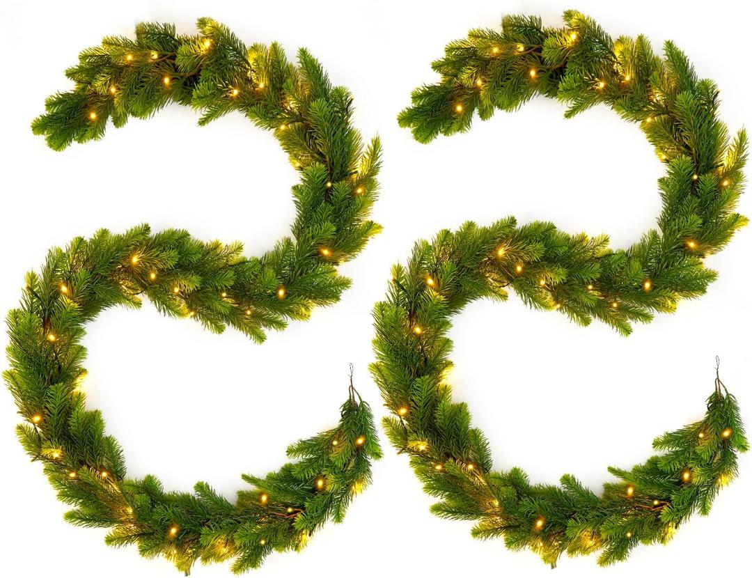 6FT 2PCS Real Touch Norfolk Pine Christmas Garland with Light Winter Artificial Faux Greenery Garland Table Mantle Stairs Fireplace Wall Outdoor Indoor Porch Home Decorations (Battery Not Included)