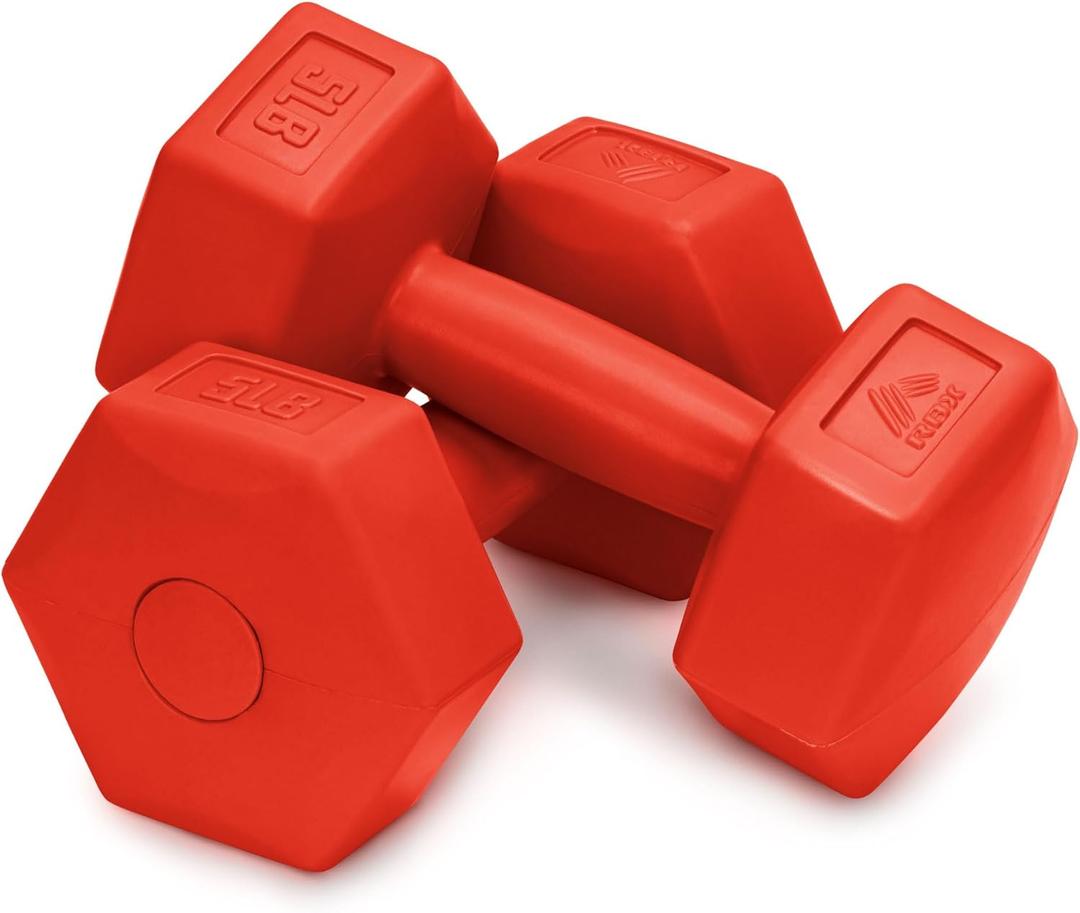 RBX Vinyl Coated Hand Weight Dumbbell Set - Hex Shaped, Roll Free for Body Building/Sculpting/Strength Training Exercise, (Set of 2) (5lb, Red)