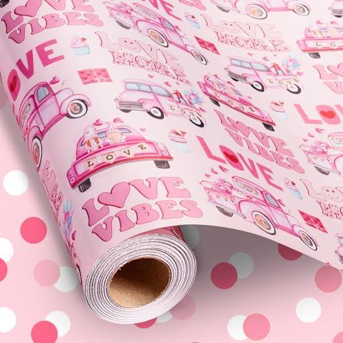 Burymento Pink Car Love Wrapping Paper, Reversible Pink Dot Design Gift Wrap for Valentine's Day, Wedding, Birthday, Baby Shower, Mother's Day, Graduation, Halloween, Christmas (17 IN x 32.8 FT)