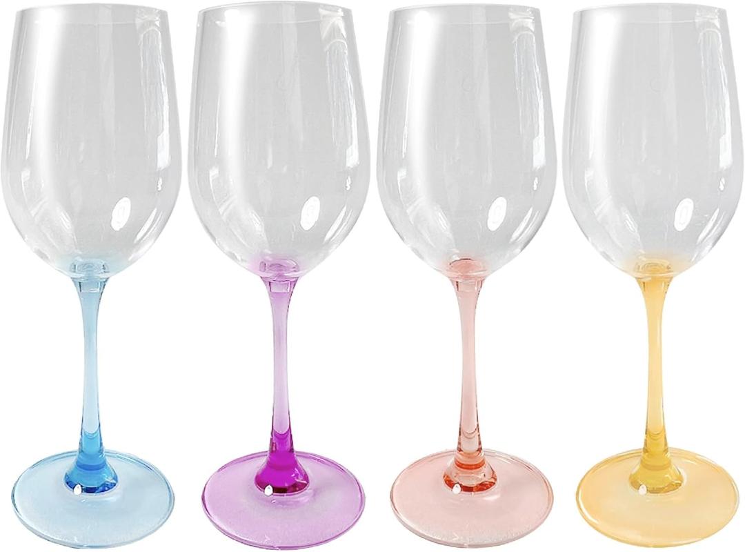Lily's Home Unbreakable Stemmed White Wine Glasses, Made of Non Breakable Shatterproof Plastic, Indoor and Outdoor Drinkware, Reusable and Dishwasher-Safe, 13 oz. Each, Set of 4 (Multi Color Stem)