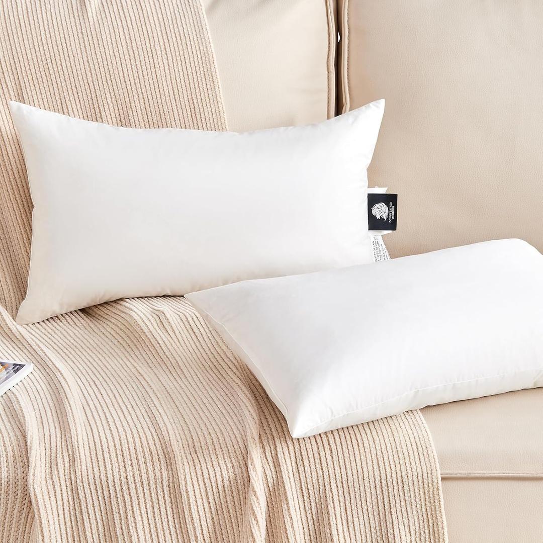 Organic Feather Down Lumbar Pillow Inserts (14x24 Inch, Set of 2) - 100% Cotton Shell, Filling of Feathers & Memory Foam, Rectangular Decorative Pillow Form Core for Couch, Sofa, and Bed