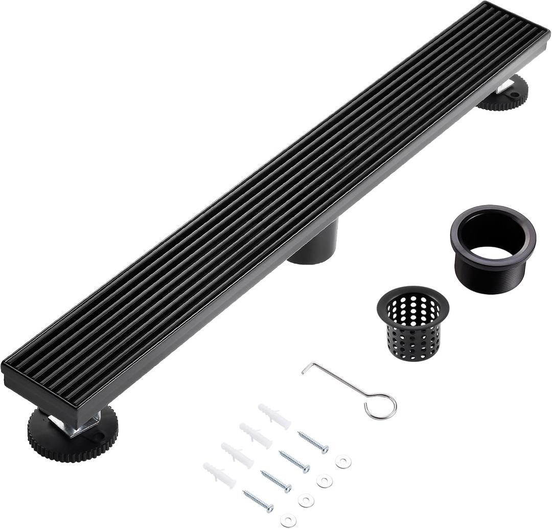 24 Inch Linear Shower Drain, Matte Black Shower Drain, Removable Grate, 304 Stainless Steel, Easy to Install and Clean for Bathrooms (Drain Base Not Included), LSD-15B-24B