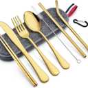 LIANYU 8-Piece Portable Utensils Set, Stainless Steel Gold Travel Silverware Set, Reusable Flatware Cutlery with Straws Chopsticks, Gray Case