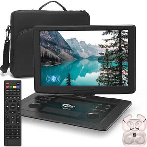 18" Portable DVD Player with Bluetooth Headset,15.6" HD Swivel Screen with Extra Carrying Bag,Support AV-in/Out and Multiple Disc Formats,High Volume Speaker,Black,[Not Support Blu-Ray]