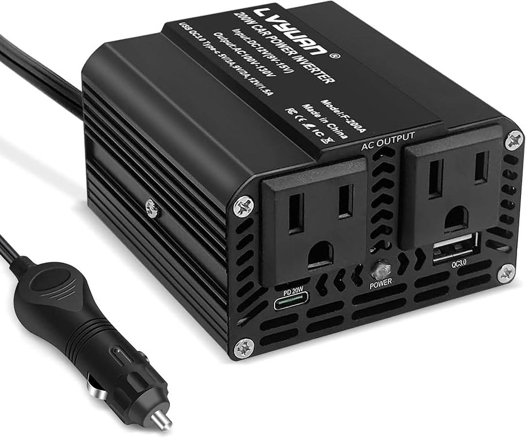 200W Car Power Inverter, LVYUAN Fast-Charging Car Outlet Adapter 20W PD/18W QC Inverter DC 12V to 110V AC Car Converter with Distant Ports for Laptop, Road Trip
