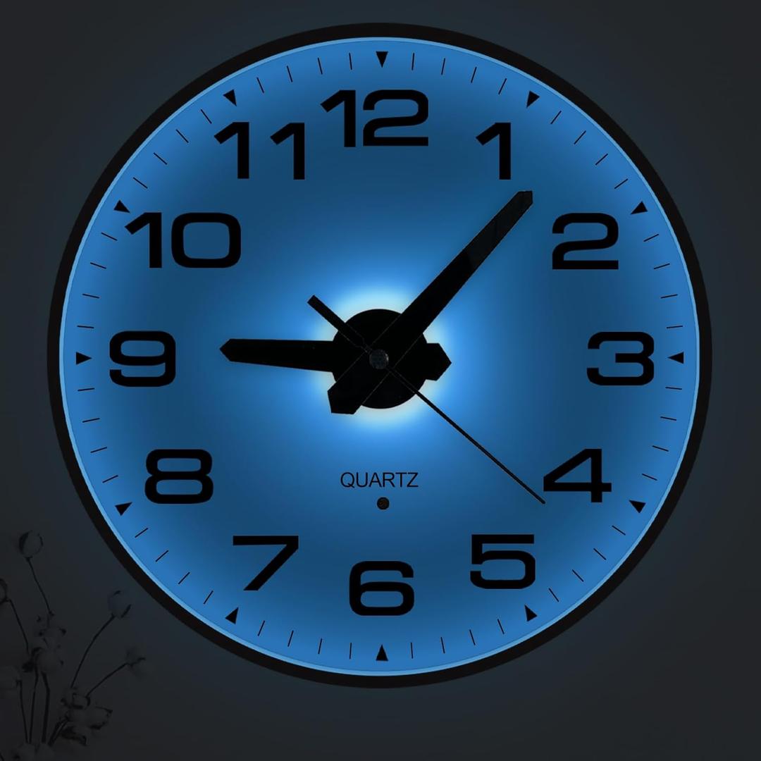 JoFomp Lighted Wall Clocks Battery Operated, 8 Inch Small Wall Clock for Bedroom Night Glow, Night Light Wall Clock Silent, Glow in Dark Wall Clocks for Living Room Decor, Light Sensor - Auto Lighting
