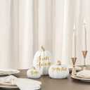 DN DECONATION 3Pcs Fall Pumpkin Decorations for Home, Faux White and Gold Words Pumpkin, Decorative Resin Pumpkins Figurines for Minimalist Modern Farmhouse Autumn Thanksgiving Fall Table Mantel Decor