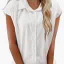 Womens Button Down Shirts Short Cap Sleeve Summer Cotton V Neck Collared Stripes Blouses Casual Plaid Tops, L