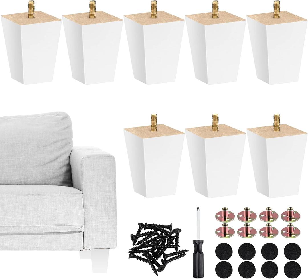 TURSTIN Set of 8 Wood Furniture Legs 3 Inch Square Solid Wood Sofa Legs with M8 T-Nuts Natural Wooden Couch Leg Replacement Legs for Furniture Armchair Bed Dresser Cabinet or DIY Projects, White