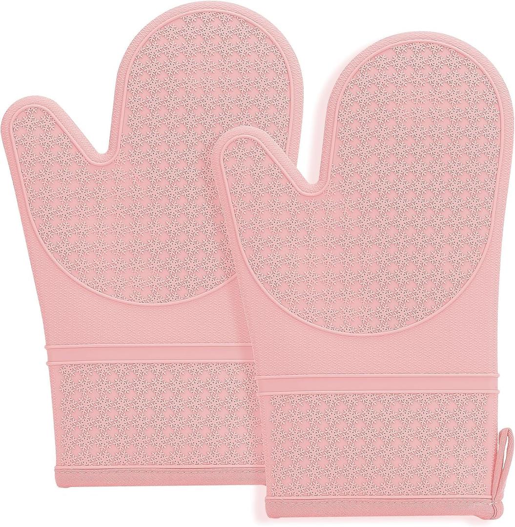 Hovico Silicone Oven Mitts, Heat Resistant 500F Kitchen Mitts 2PCS, 11.6" BPA-Free Soft Baking Gloves, Non-Slip Grip Oven Gloves with Soft Cotton Lining for Kitchen Cooking Baking BBQ - Pink