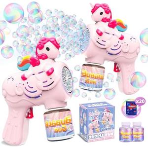 Folimix Bubble Gun for Kids with 2 Bottles Refill Solution, 2 Pack Unicorn Bubble Machine Guns for Kid Grils Toddlers 3-8 Bubble Blower Maker Toy for Kids Summer Outdoor Party Garden Toys