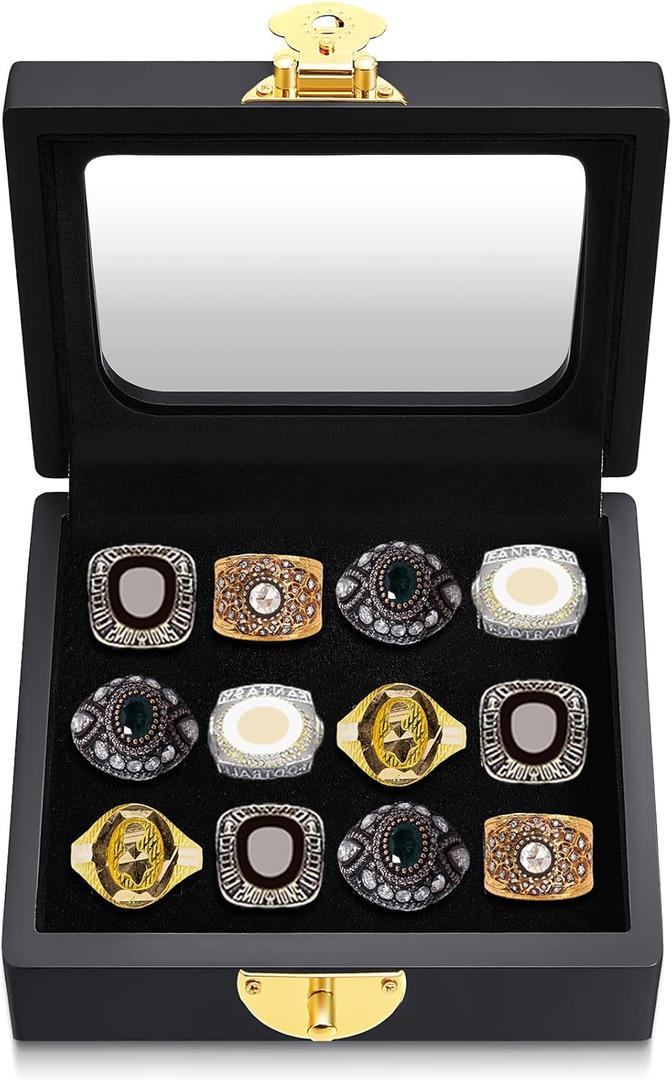 Equsion Championship Ring Display Case 12 Slots Baseball Ring Holder Box for Single Replica Baseball Softball Football Sports Souvenirs Storage Organizer Wooden Box