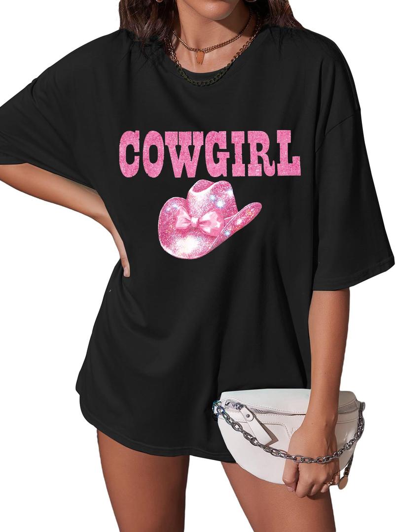 Oversized Western Cowgirl Shirts for Women Country Music Rock Band Tshirt Black Medium