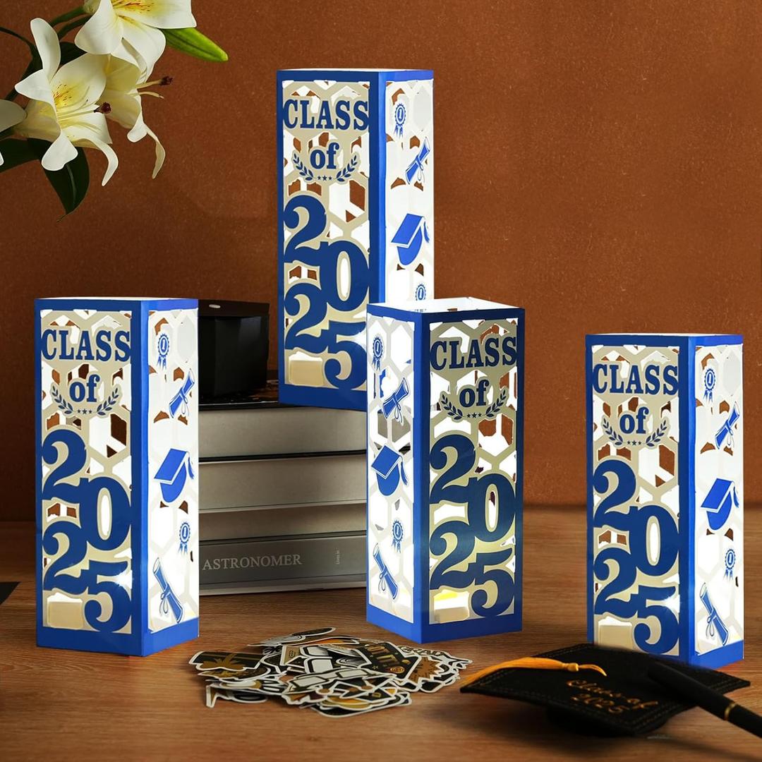 12 Pcs Light Up Graduation Centerpieces- Class of 2025 Graduation Decorations Lantern Boxes for College High School Congrats Graduation Party Supplies(Blue)