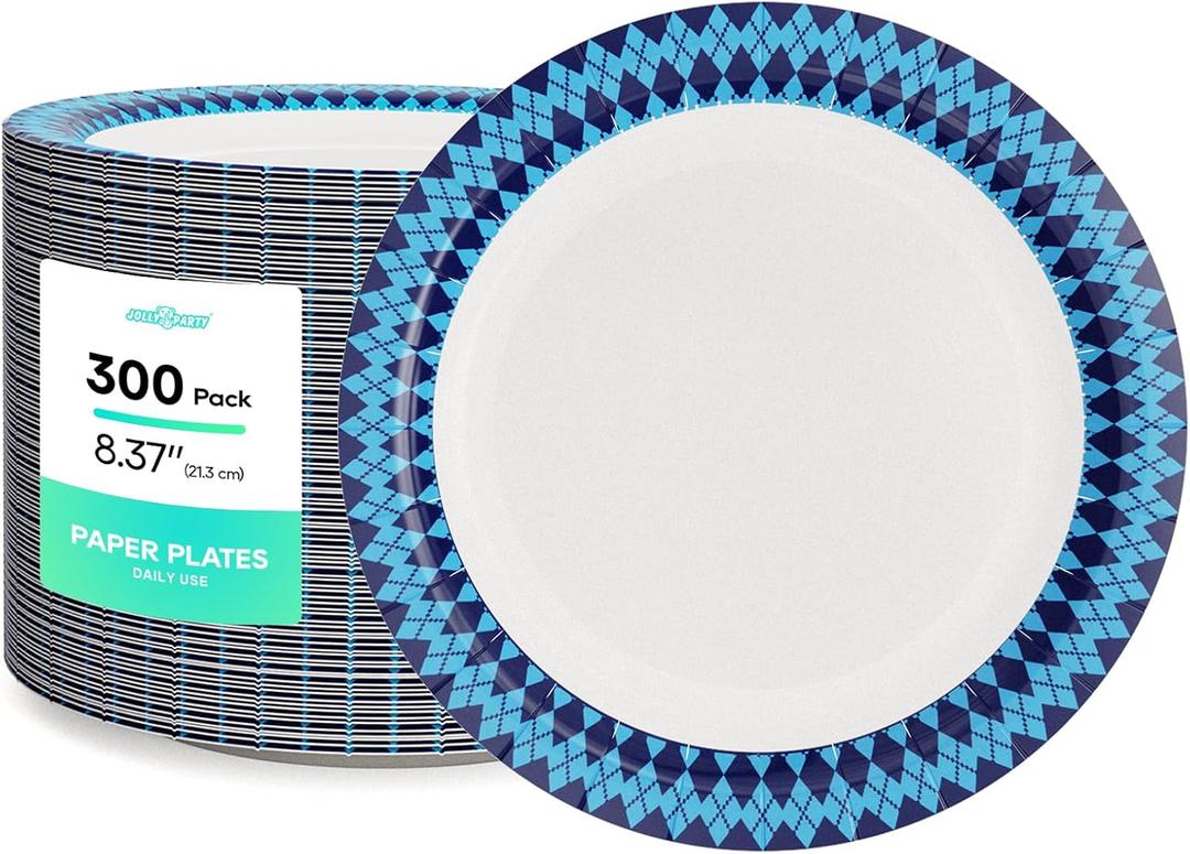 8.37 inch Disposable Paper Plates, 300 Count Dinner Paper Plates, Soak-Proof Disposable Plates, Cut-Proof Heavy Duty Paper Plates for Everyday Use, Navy Diamond Pattern Rim Design