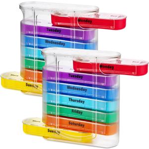 MEDca Weekly Pill Organizer, Four Times-a-Day, Pack of 2 Dispensers with Stackable AM/PM Compartments (Multicolor)