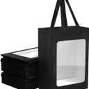 BallHull 12 Pcs Black Kraft Paper Gift Bags with Transparent Window, 9.84"x7.0"x5.12" Kraft Shopping Bags with Handles for Bouquet Christmas Birthdays Festivals Party Weddings Wrapping