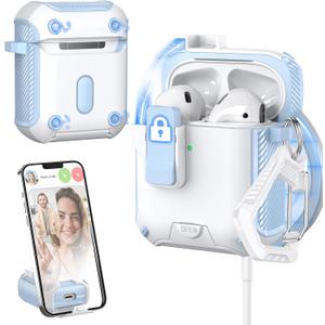 for AirPods Case Cover 2nd/1st Generation, Compatible with Magsafe, Magnetic Automatic Lock, Charging Port Dust-Proof & Stand Design with Cleaning Kit, Blue/White