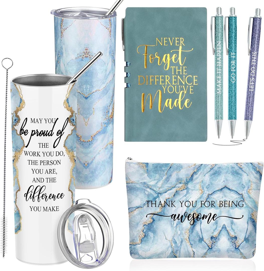 Domensi 6 Pcs Employee Appreciation Gift for Women Teacher Nurse Week Thank You Gift May You Be Proud 20 oz Rustic Marble Sign Tumbler Makeup Bag Journal for Graduation Work Business(Blue)
