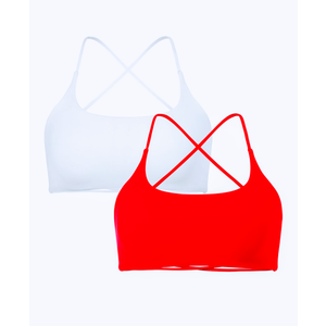 SUUKSESS Women 2 Piece Open Back Sports Bra Pack Strappy Workout Gym Yoga Crops (White & Red, M)