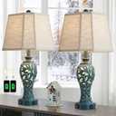 25'' Farmhouse Table Lamps Set of 2 for Living Room Bedroom, 2 USB Ports Coastal Vintage Table Lamp with Nightlight, Blue Green Hollow Out Resin Lamp for End Table (Bulbs Included)